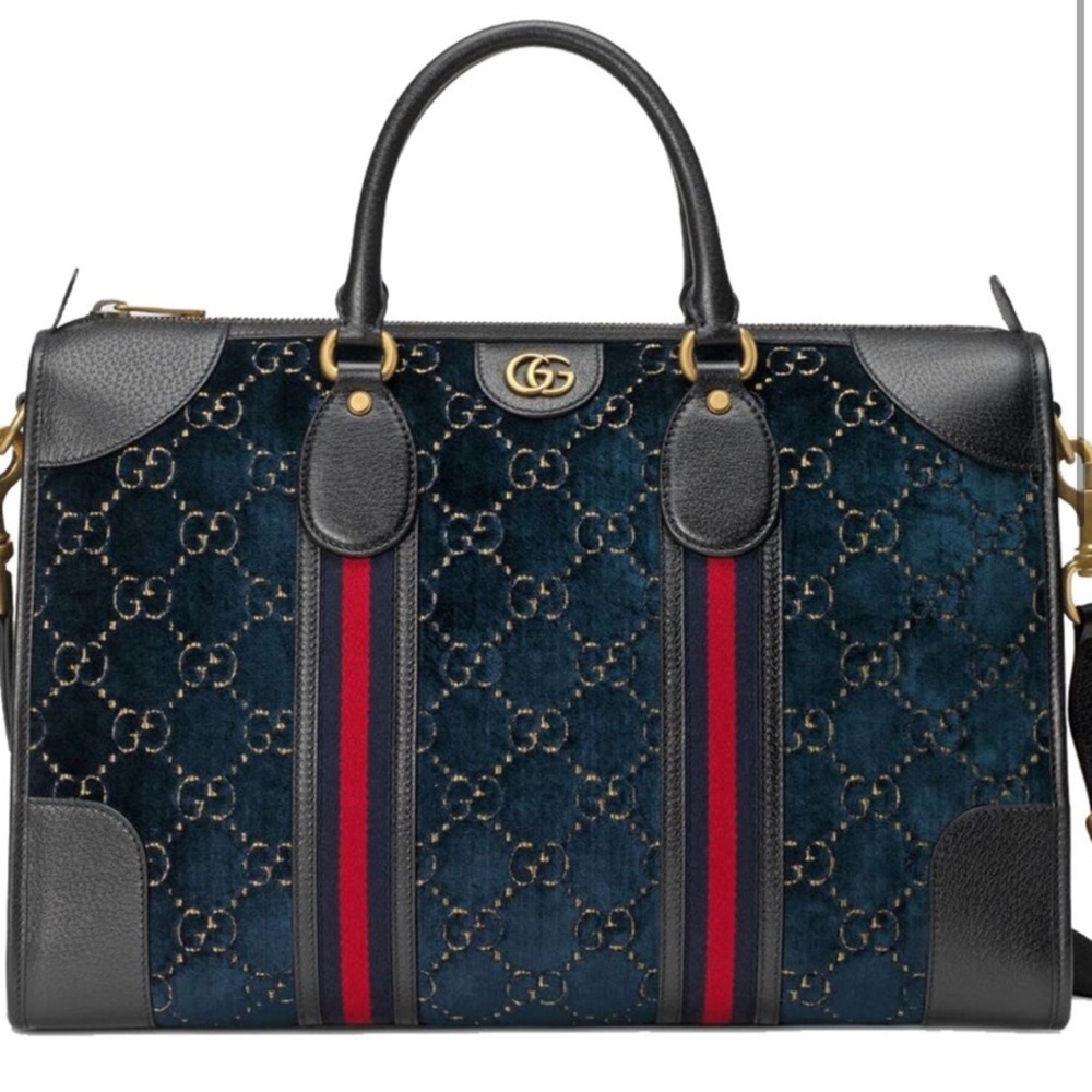 Gucci GG velvet navy medium duffel bag.